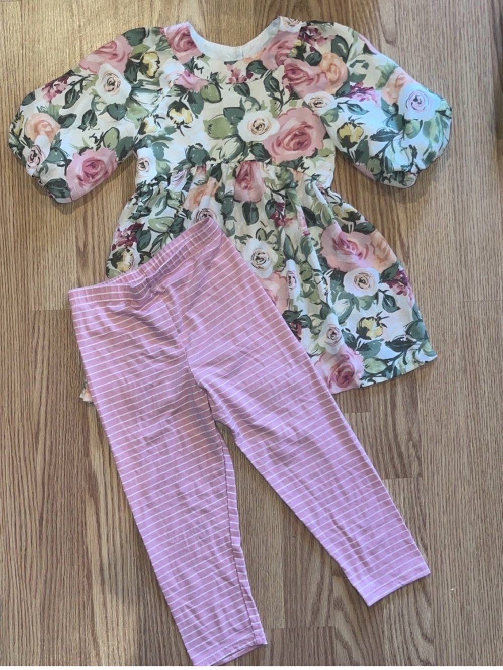 Bonnie Jean Pink Floral Top with Pink Striped Leggings